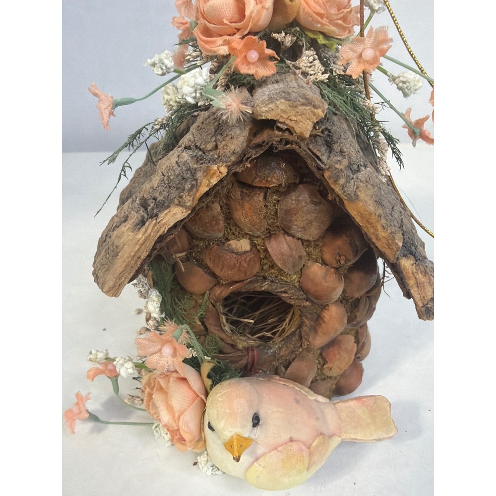 Rustic Bark and Nut Shell Birdhouse Ornament Peach Floral Accents - Picture 7 of 10